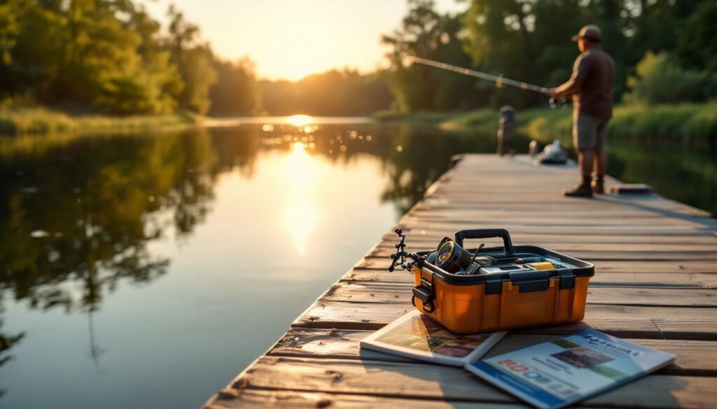 Scenic fishing spot at a Kansas lake during sunrise with a wooden pier and a Kansas fishing license booklet.