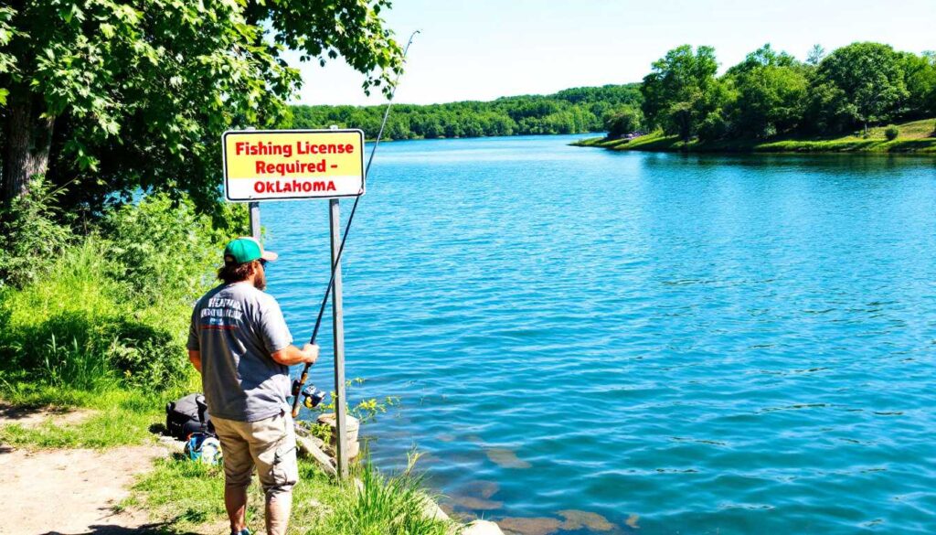 Angler fishing by a lake in Oklahoma with a "Fishing License Required" sign in the background.