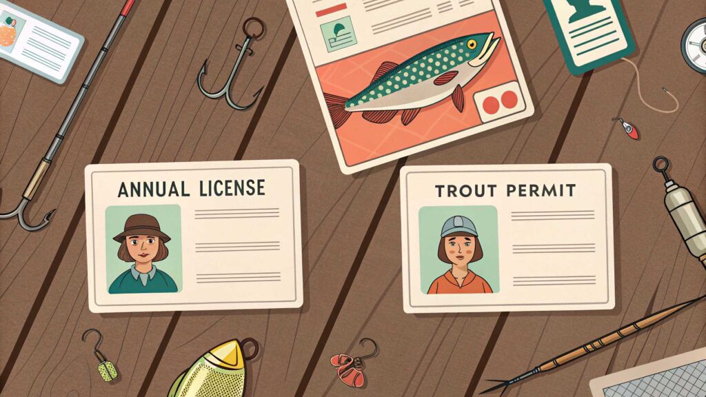 Illustration of Oklahoma fishing licenses, permits, and fishing gear on a wooden surface.
