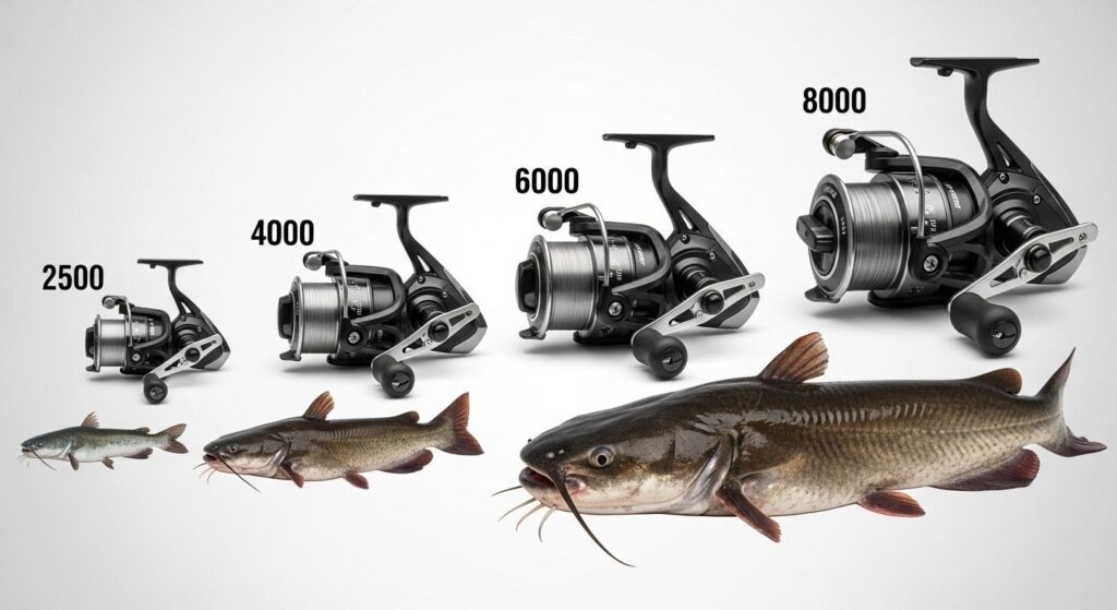 Catfish reel size guide showing 2500 to 8000 size reels matched with appropriate fish sizes