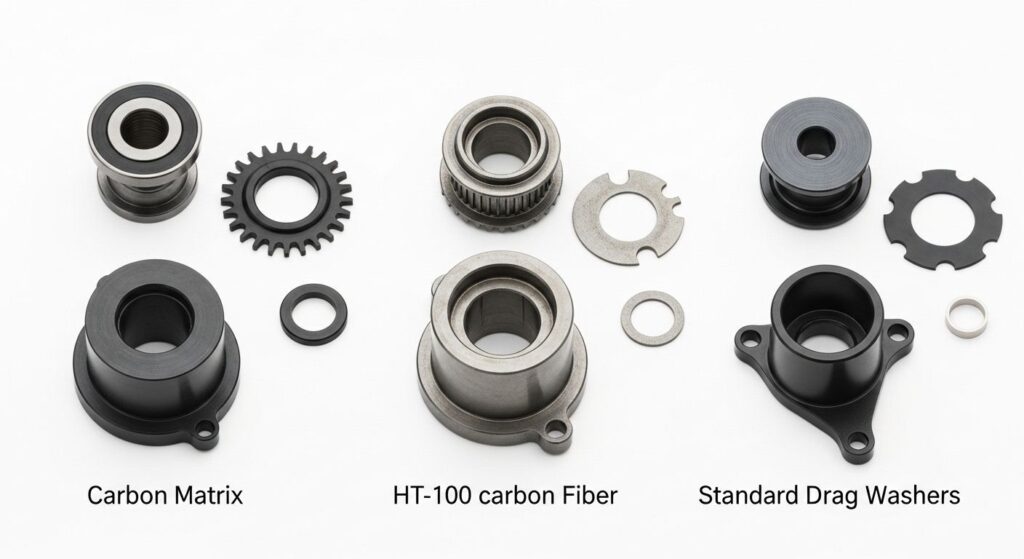 Comparison of catfish reel drag systems showing Carbon Matrix vs HT-100 vs standard washers