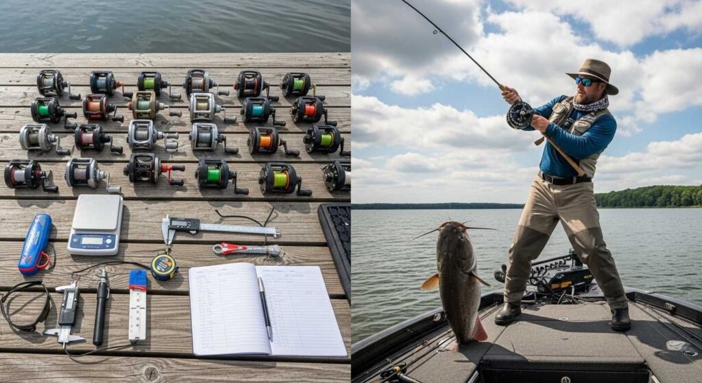 Complete catfish reel testing setup showing 15 reels and field testing in action