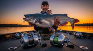 Professional guide Muhammad Zubair with 25-pound catfish and tested catfish reels on boat deck