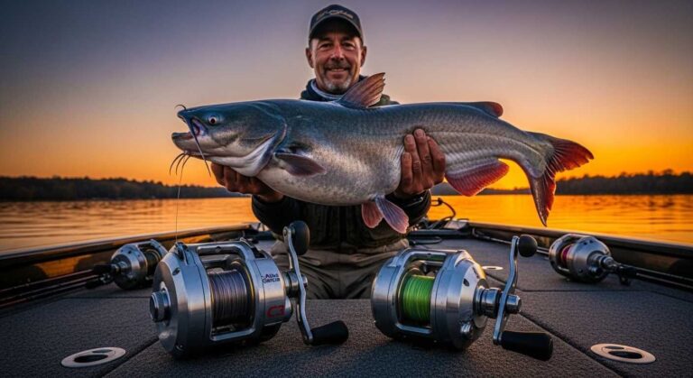 Professional guide Muhammad Zubair with 25-pound catfish and tested catfish reels on boat deck