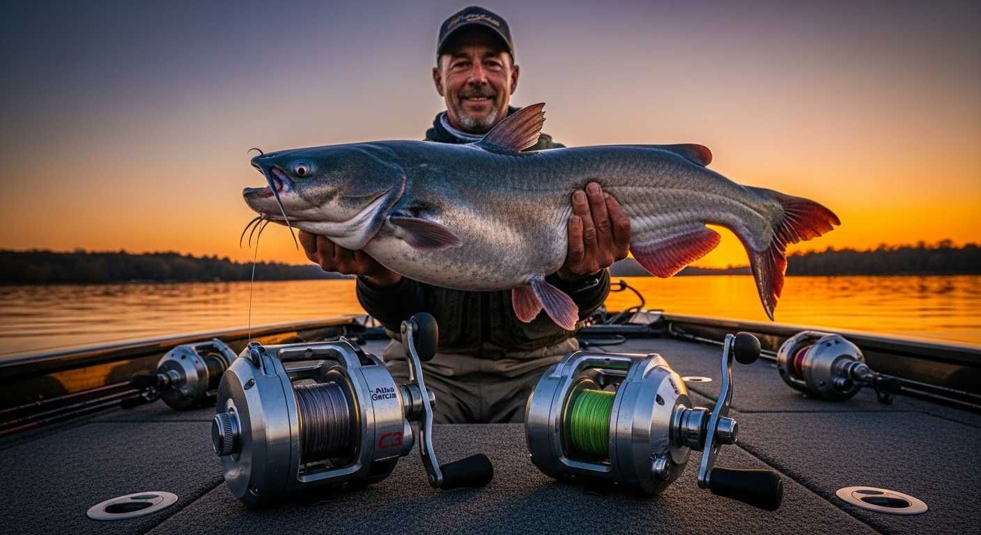 Professional guide Muhammad Zubair with 25-pound catfish and tested catfish reels on boat deck