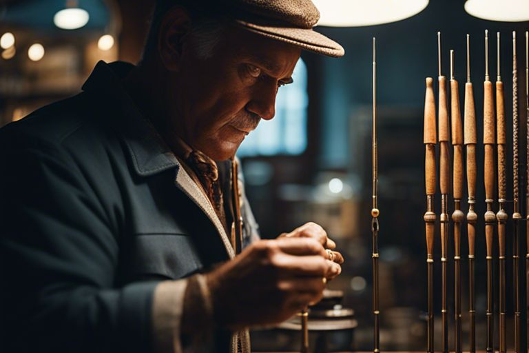 Close-up of vintage fishing rod components
