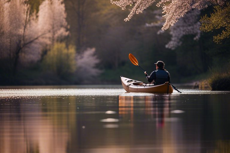 Angler catching fish from kayak in spring
