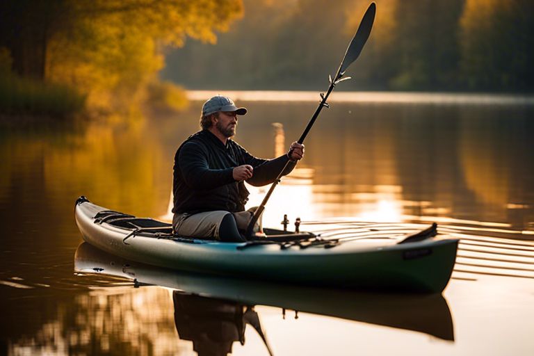 Angler using a kayak fishing paddle in calm waters