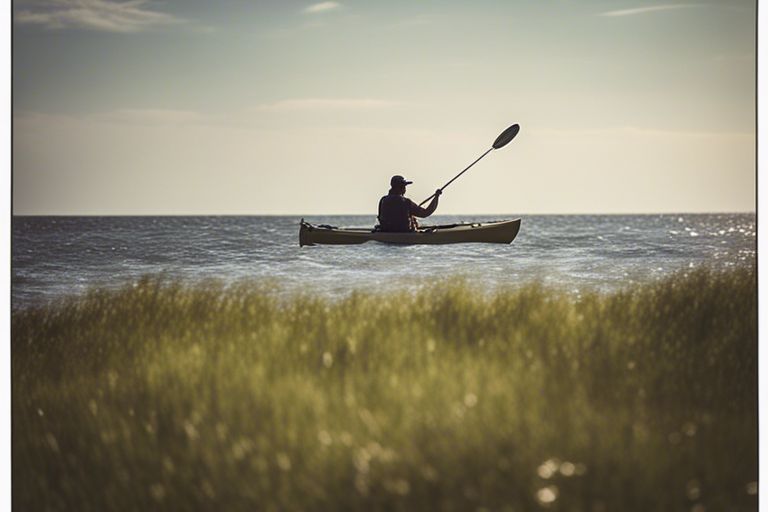 Kayak fisherman battling windy conditions