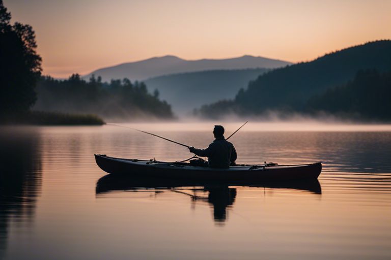 Angler John Anderson standing and fishing in a kayak on a calm lake
