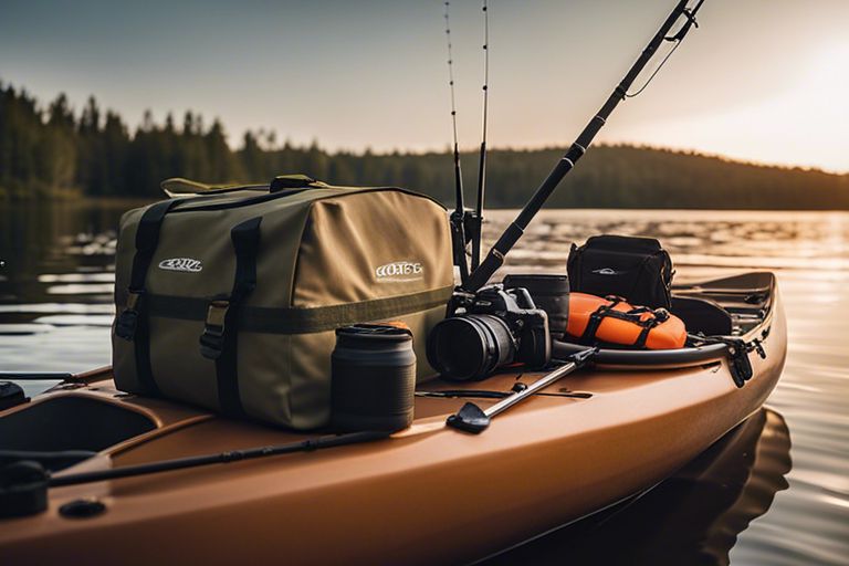 Fully-equipped kayak fishing crate with tackle boxes and rod holders