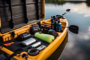 Angler organizing lures and baits in a customized kayak crate