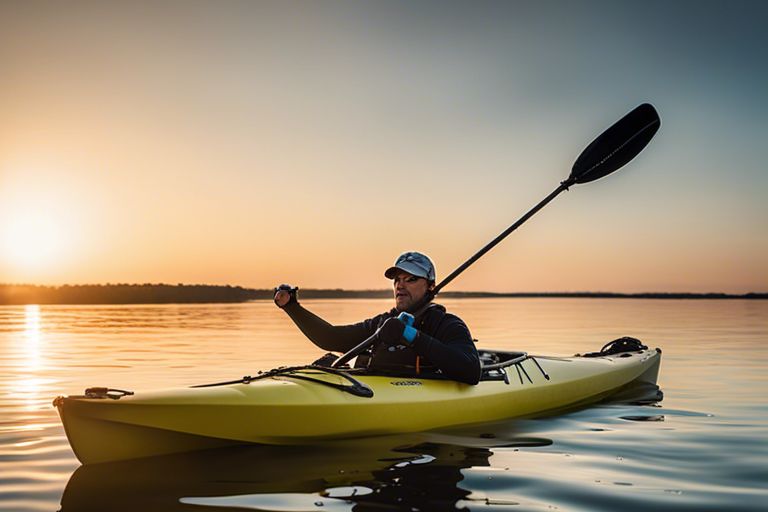 Man using kayak trolling motor on lake