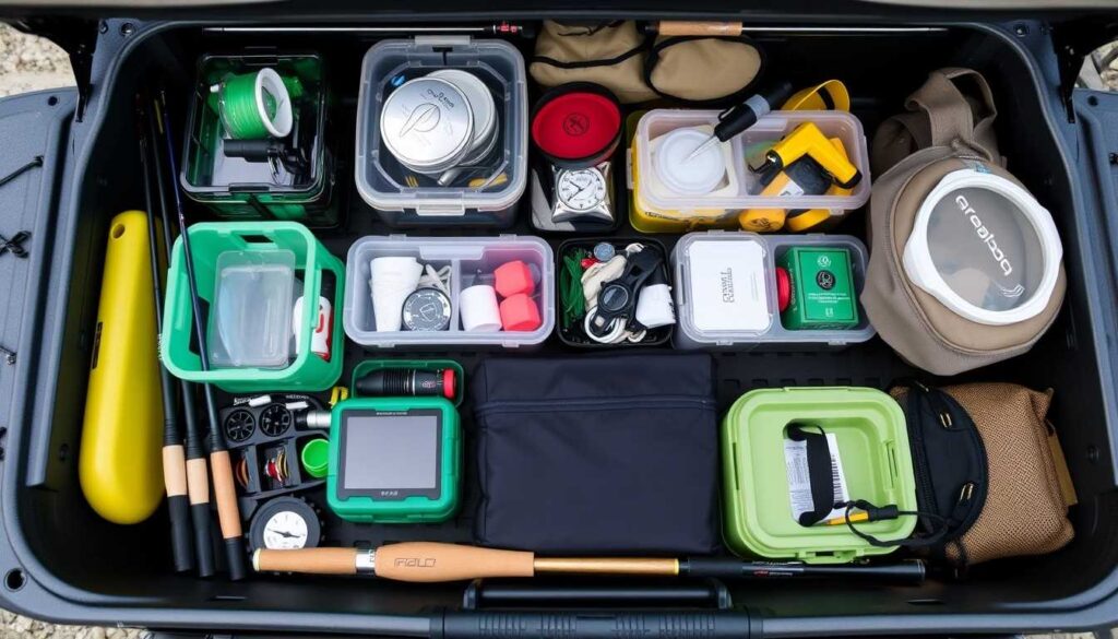 Man organizing fishing crate in kayak