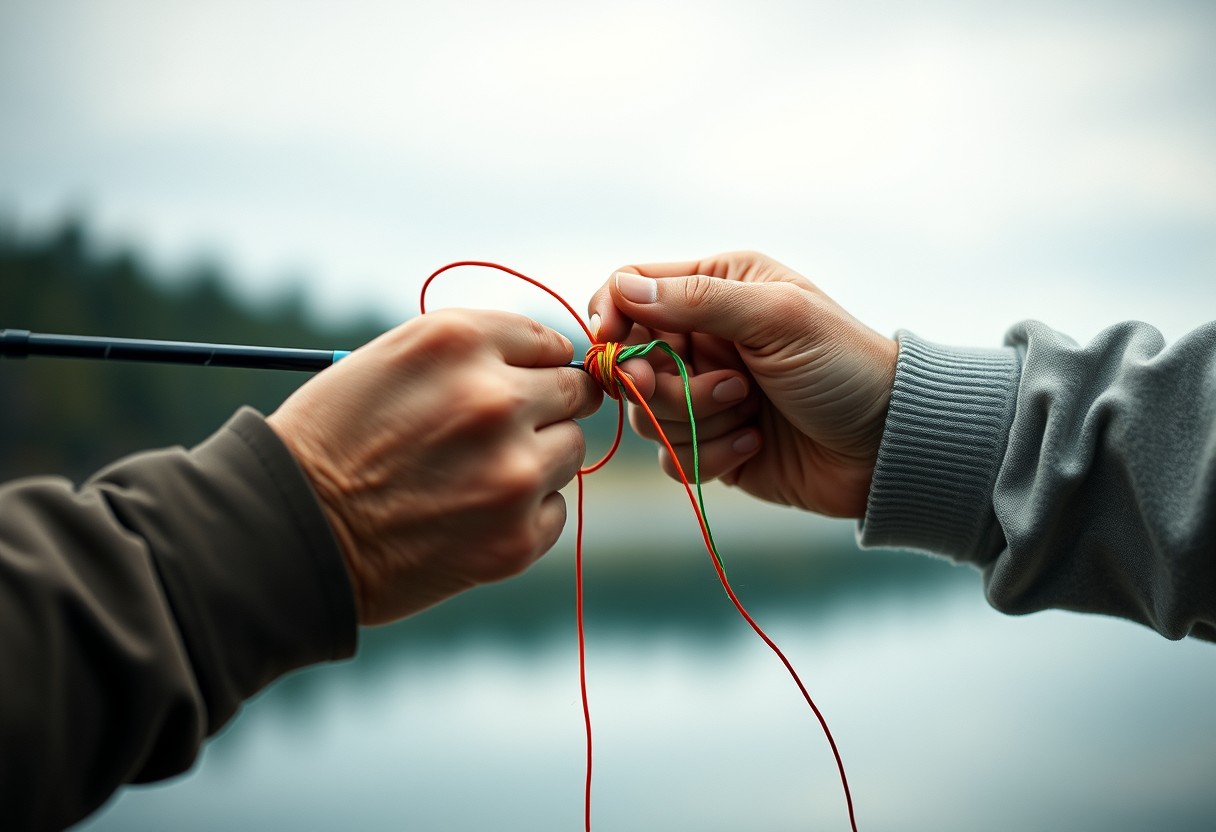 Beginner learning to tie a fishing knot
