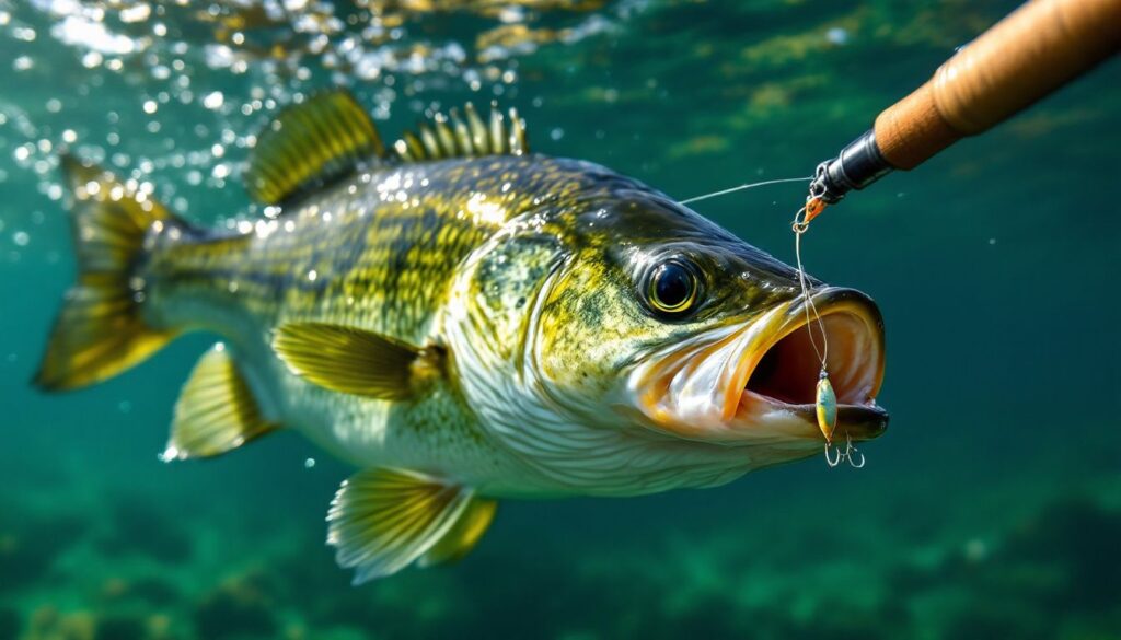 Underwater view of a bass striking a lure attached to a light rod in clear water.