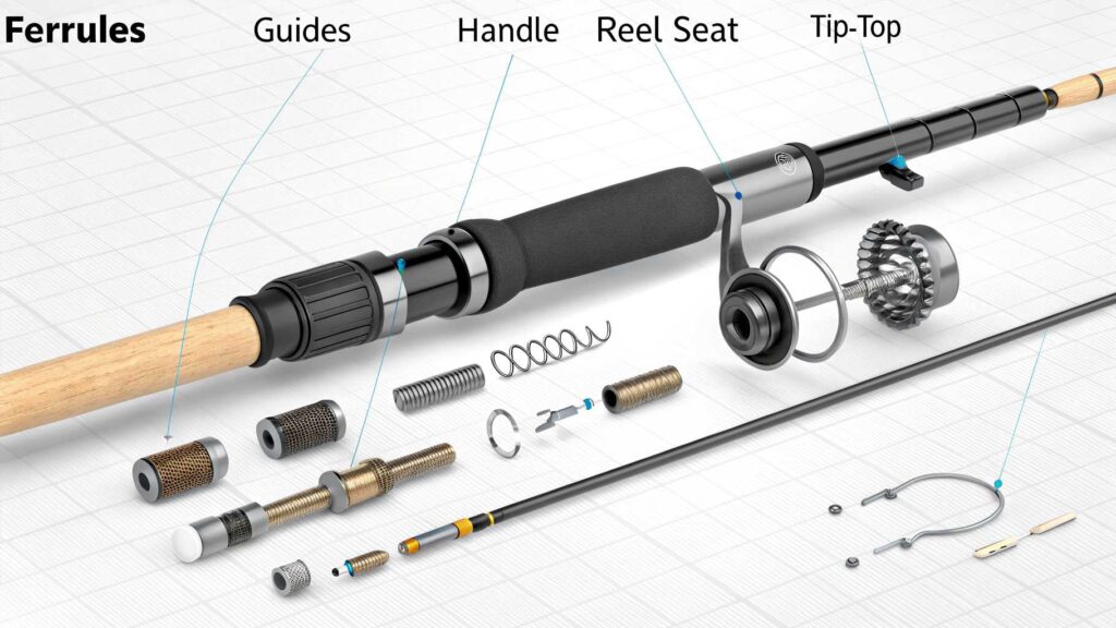 Labeled diagram of fishing rod parts showing ferrules, guides, handle, and reel seat with detailed component breakdown