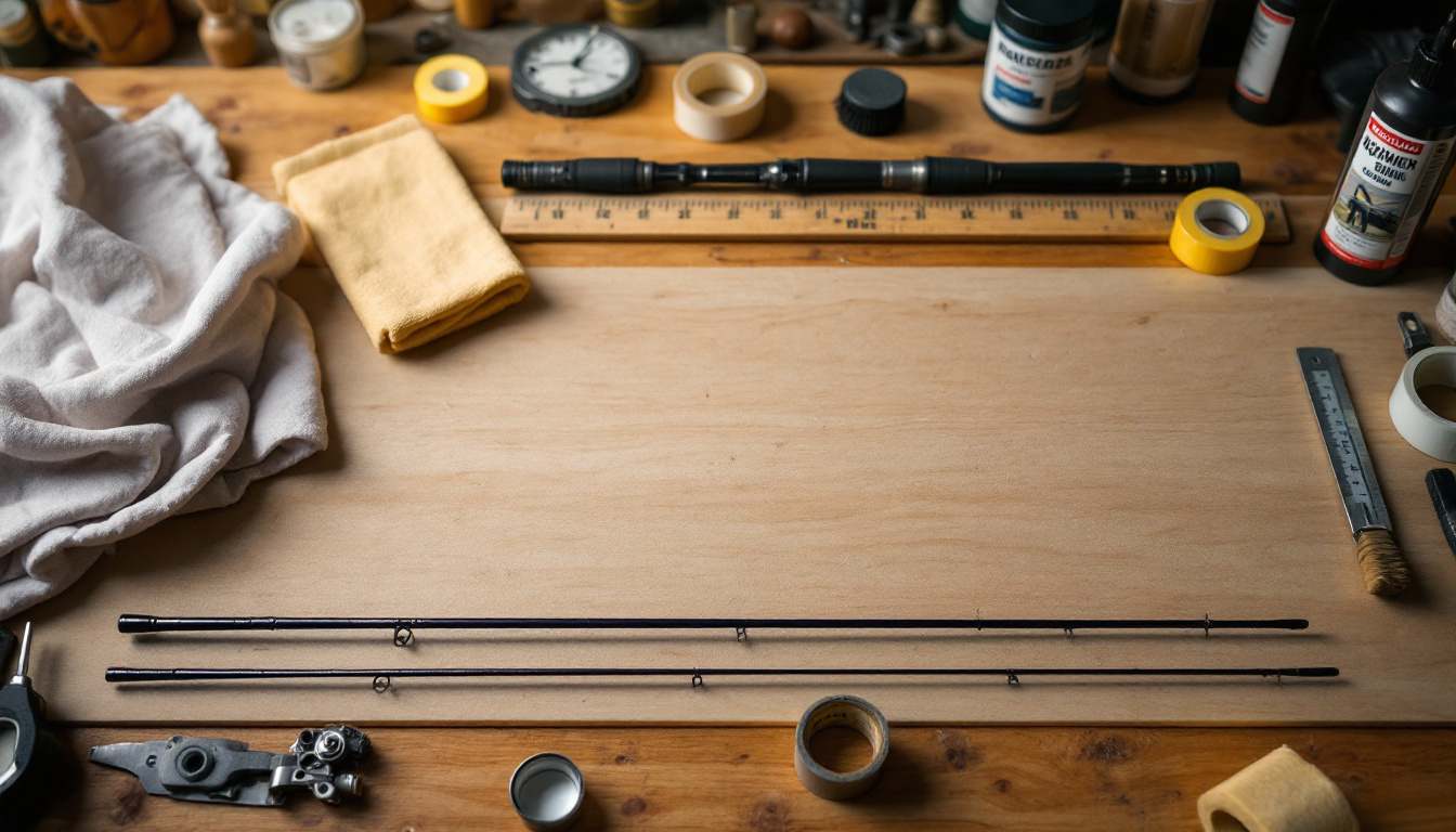 Essential tools and organized workspace setup for fishing rod reassembly including cleaning supplies and measurement tools