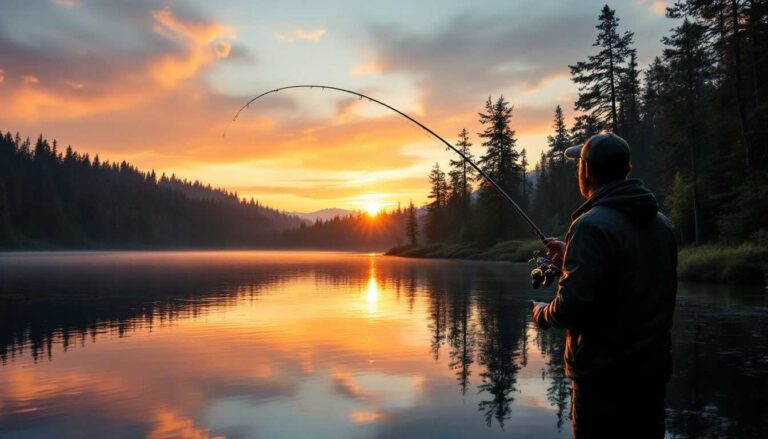 Angler casting a light rod at sunrise near a calm lake, ideal for bass and smaller fish.