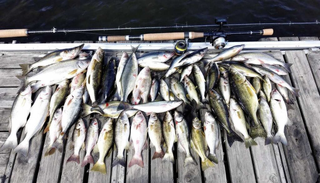 Panfish, trout, and perch displayed next to a light rod and reel on a dock.
