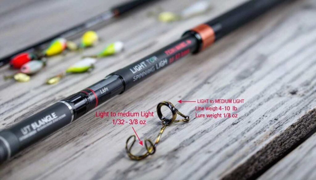 Close-up of a light spinning rod with specifications for power rating, line weight, and lure weight.