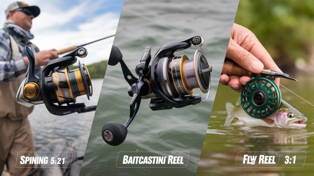Fishing reel gear ratio saltwater application with 5.2:1 ratio marked on inshore reel