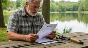 angler reviewing fishing rod warranty paperwork and inspecting a broken rod