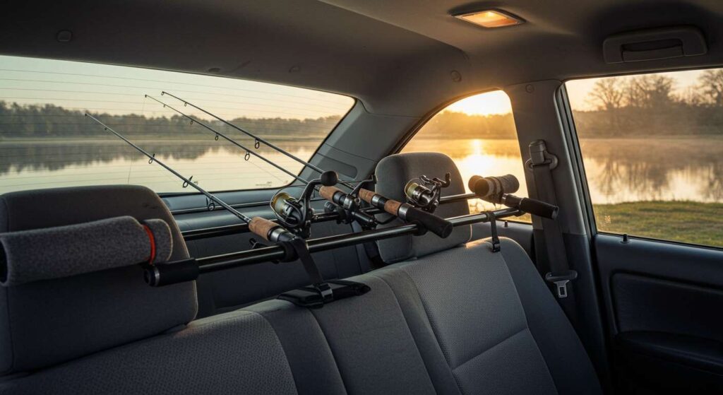 Car interior setup showing how to transport fishing rods safely with a turnbuckle and protective padding.
