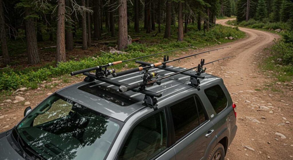 SUV with Thule roof rack showing how to transport fishing rods on the roof of a car securely.