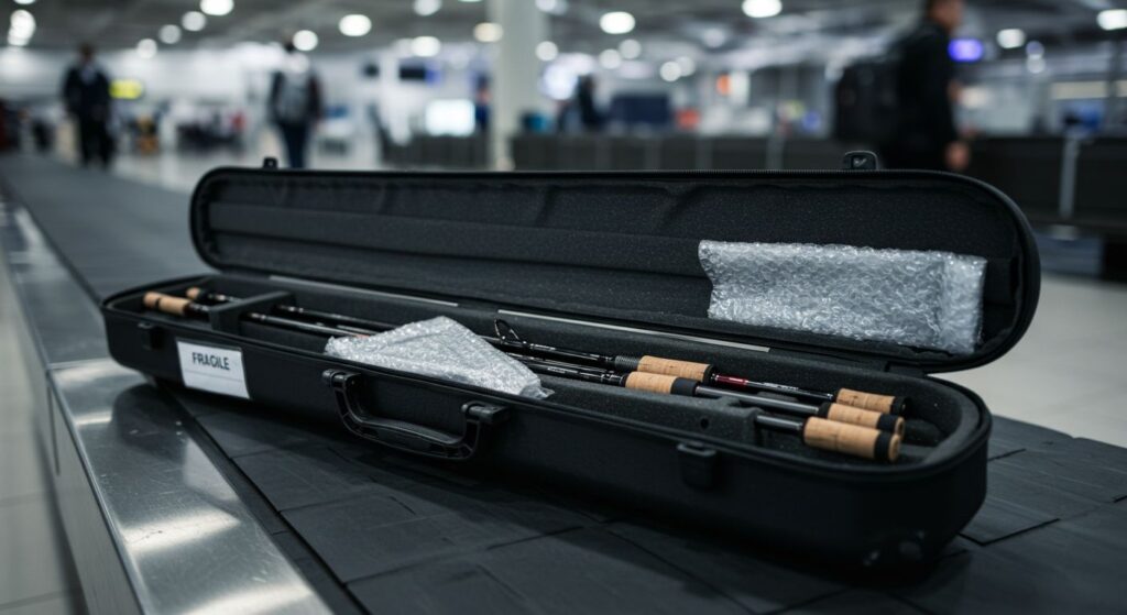 Hard case with padded interior showing how to transport fishing rods on a plane safely.