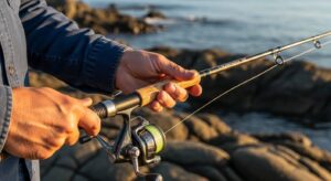 Angler holding a fiberglass fishing rod by a rocky shoreline, demonstrating its durability in challenging conditions
