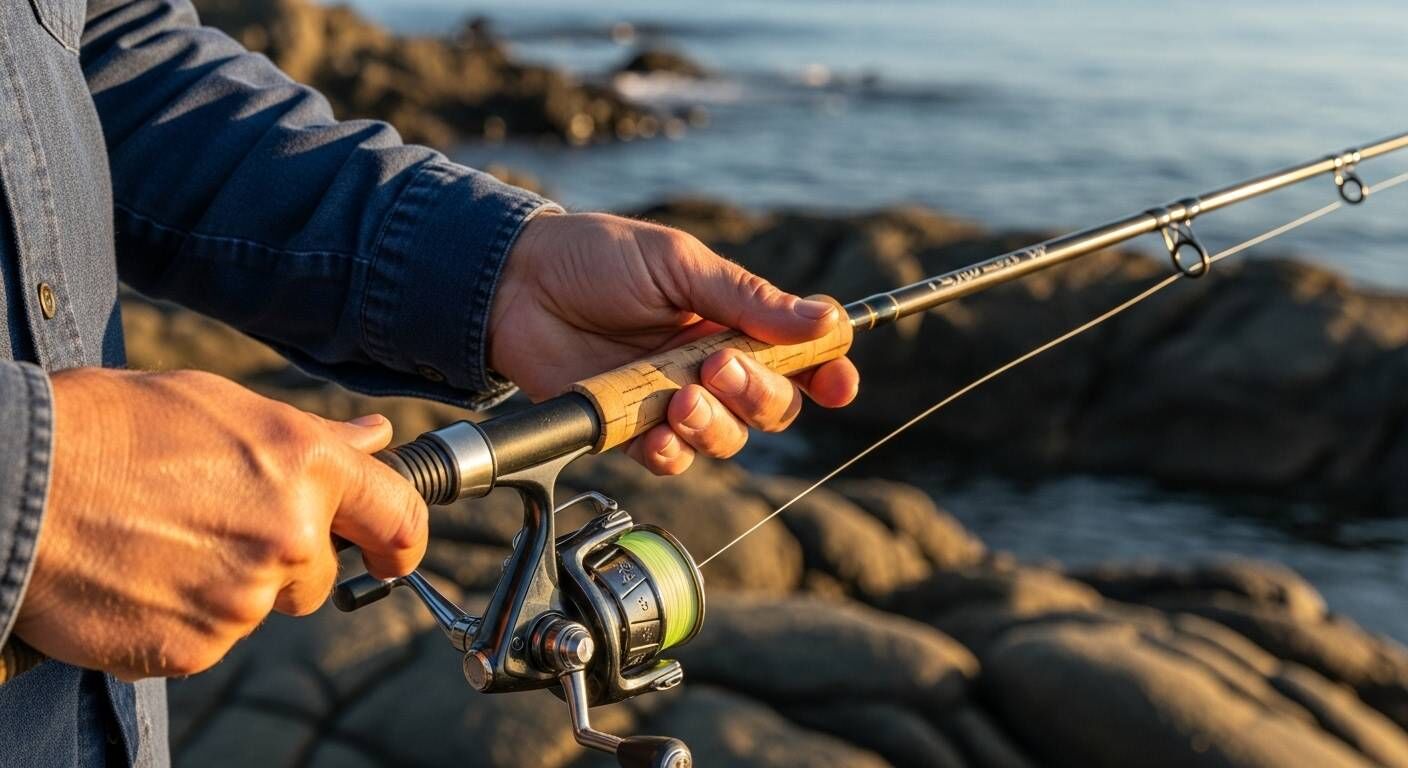 Angler holding a fiberglass fishing rod by a rocky shoreline, demonstrating its durability in challenging conditions