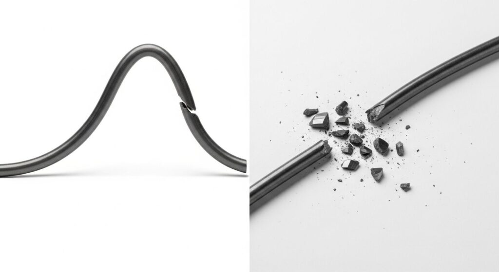 Comparison showing a fiberglass rod bending under load next to a broken graphite rod