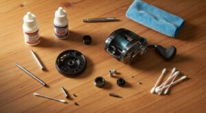 Fishing reel maintenance tools and supplies with partially disassembled reel on wooden workbench showing cleaning and lubrication essentials