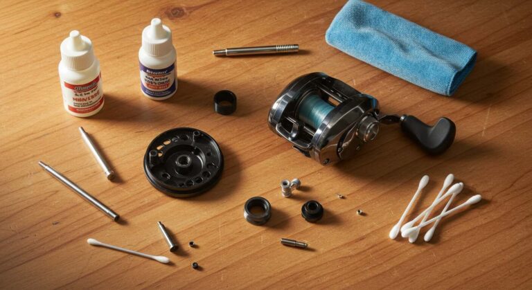 Fishing reel maintenance tools and supplies with partially disassembled reel on wooden workbench showing cleaning and lubrication essentials