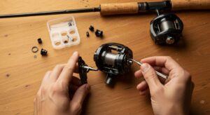 Angler using fishing reel repair kit to fix bail spring on spinning reel