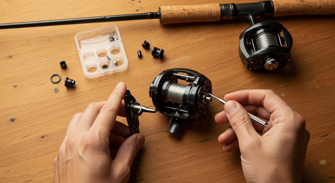 Angler using fishing reel repair kit to fix bail spring on spinning reel