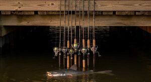 Professional photograph of multiple catfish fishing rods arranged vertically against a weathered dock background, showcasing different lengths and power ratings, with a large catfish visible in the foreground water, early morning golden hour lighting
