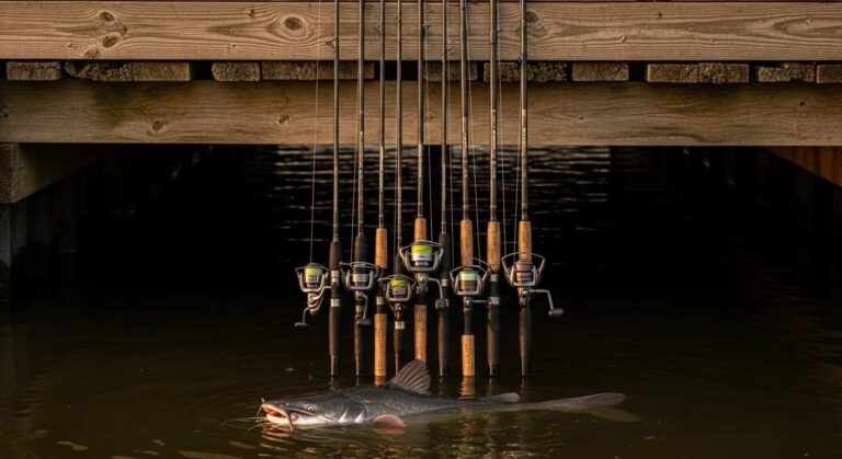 Professional photograph of multiple catfish fishing rods arranged vertically against a weathered dock background, showcasing different lengths and power ratings, with a large catfish visible in the foreground water, early morning golden hour lighting