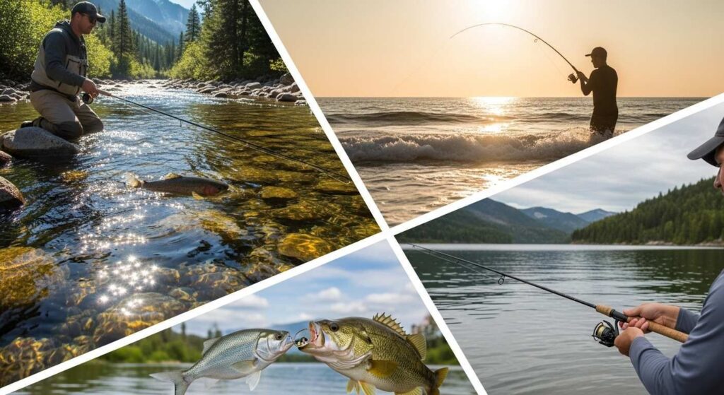 Various fishing scenarios showing fiberglass rods in action