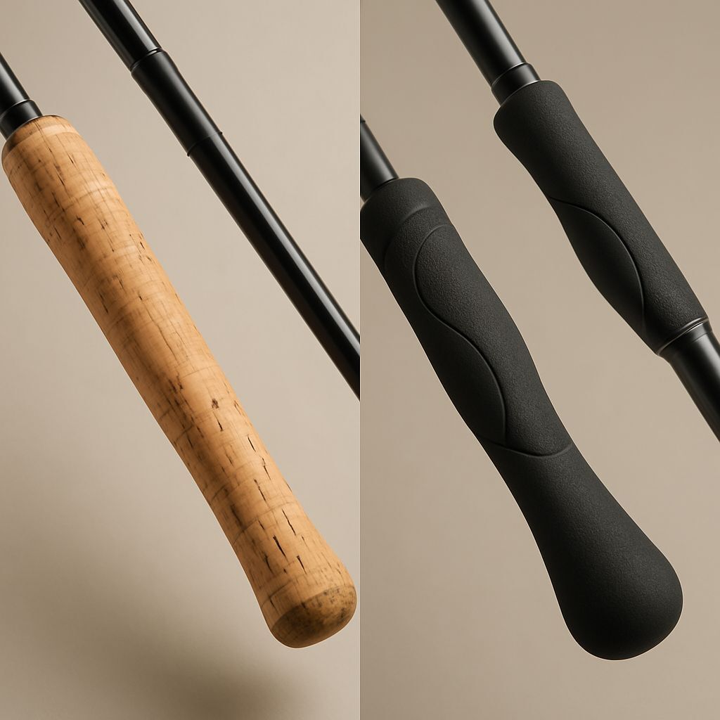 Cork handle (left) vs. EVA foam handle (right) - The two dominant materials in modern fishing rod design