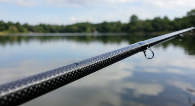 high-modulus graphite fishing rod blank showing the carbon fiber weave pattern, with a secondary focus on the rod's guide train and ergonomic handle