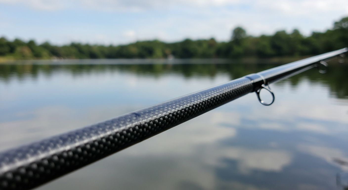 high-modulus graphite fishing rod blank showing the carbon fiber weave pattern, with a secondary focus on the rod's guide train and ergonomic handle