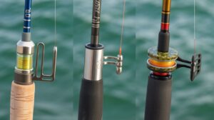 three different fishing rod guides side-by-side - ceramic insert with titanium frame on the left, stainless steel guide in the middle, and specialized ceramic Torzite guide on the right