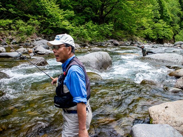 Traditional tenkara fishing in Japanese mountain stream