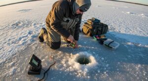 Ice fisherman using a short-length rod on a frozen lake during winter at sunrise