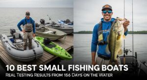 Professional fishing guide standing next to three small fishing boats on wooden dock, holding large bass fish, with text overlay "10 Best Small Fishing Boats - Real Testing Results from 156 Days on the Water"