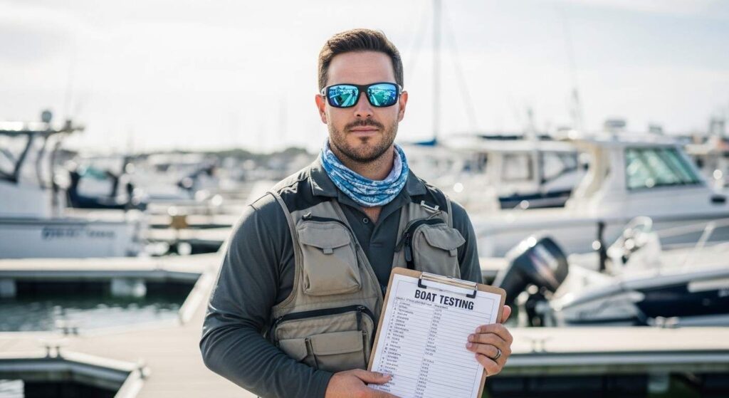 Marine equipment specialist with 15+ years testing experience - author photo at boat testing facility