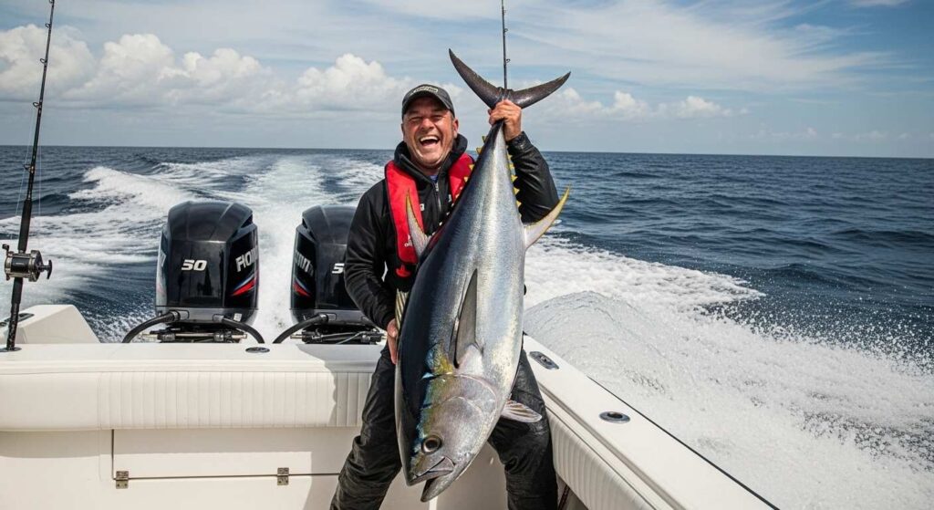 with the 8.2 lb bass, boat loaded with gear