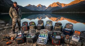Professional fishing guide Marcus Rivera with 10 tested fishing backpacks with coolers during 2-year field testing study
